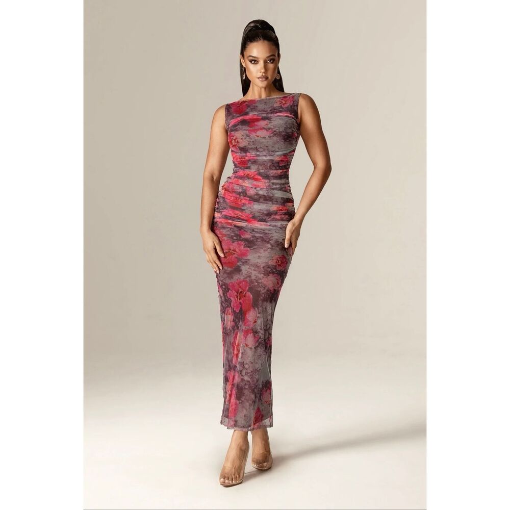 Sleeveless Gray and Pink Floral Maxi Dress